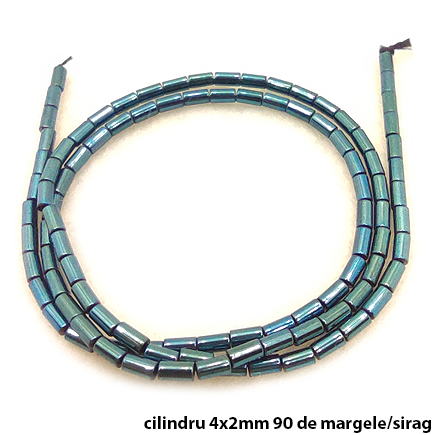 Margele hematite cilindru albastru lucios 4x2mm sirag 38cm