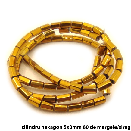 Margele hematite cilindru hexagon bronz lucios 5x3mm sirag 38cm